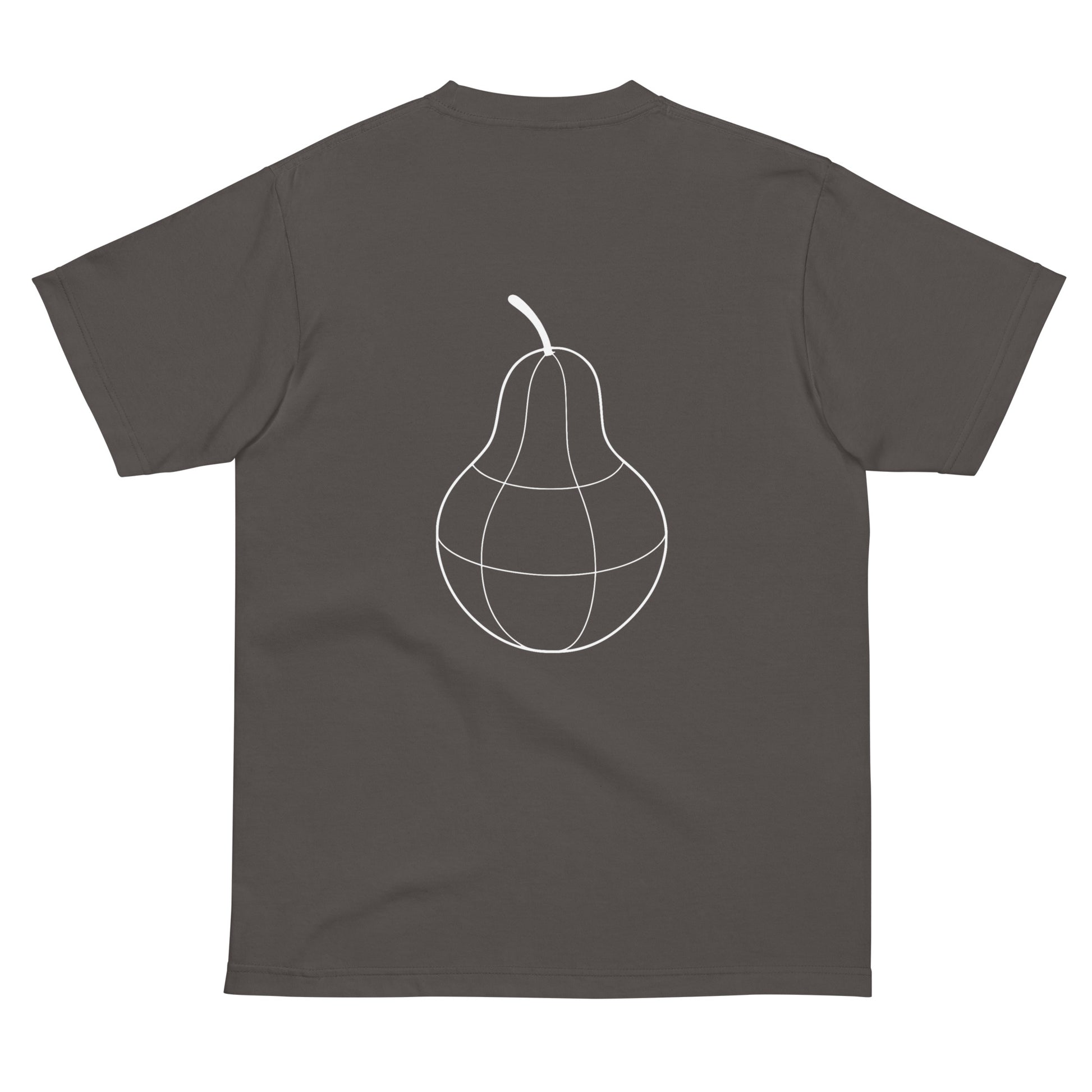 Back view of PearWorld charcoal unisex t-shirt with large globe-style pear logo, graphic streetwear design