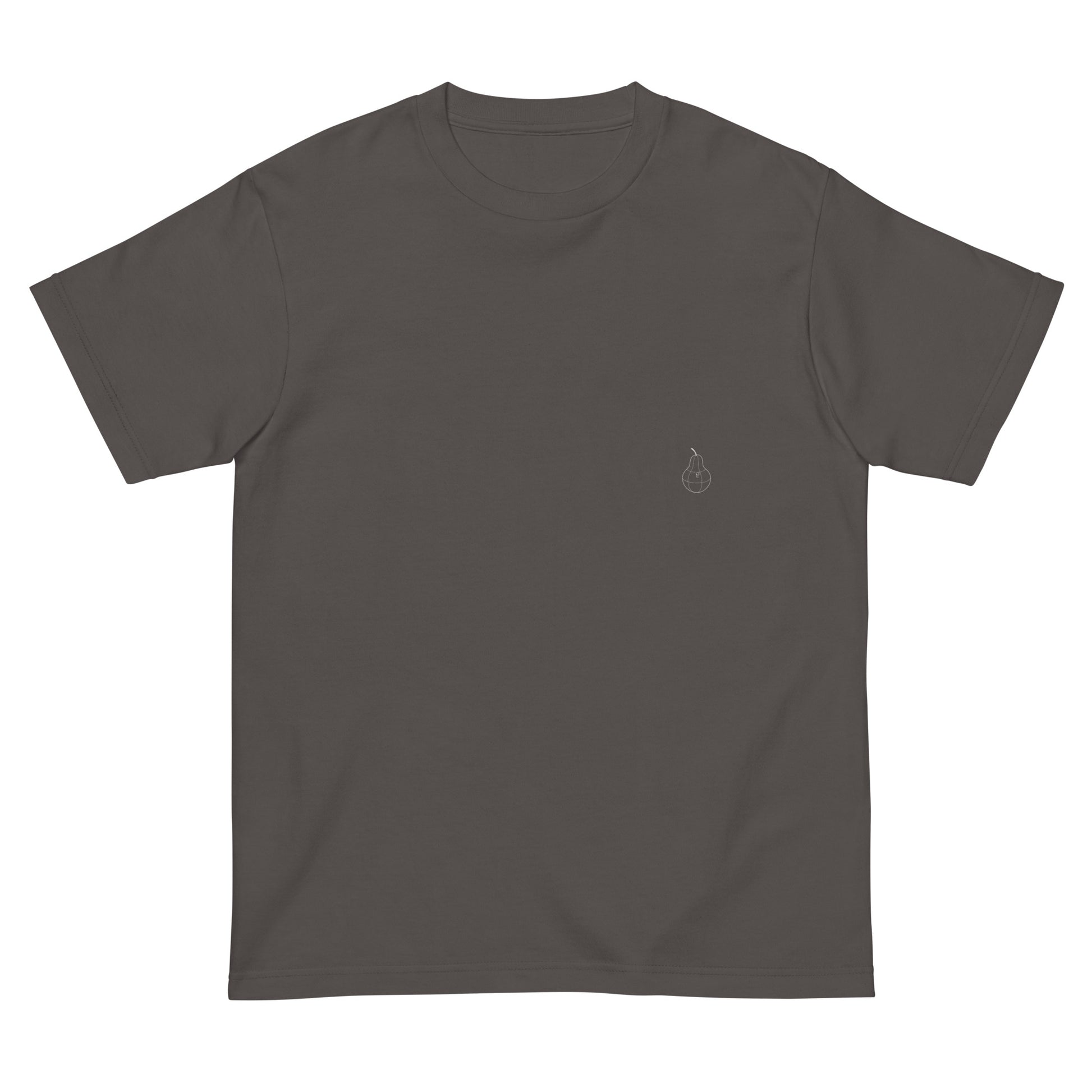 Front view of PearWorld charcoal unisex t-shirt with minimalist pear logo for stylish streetwear outfits