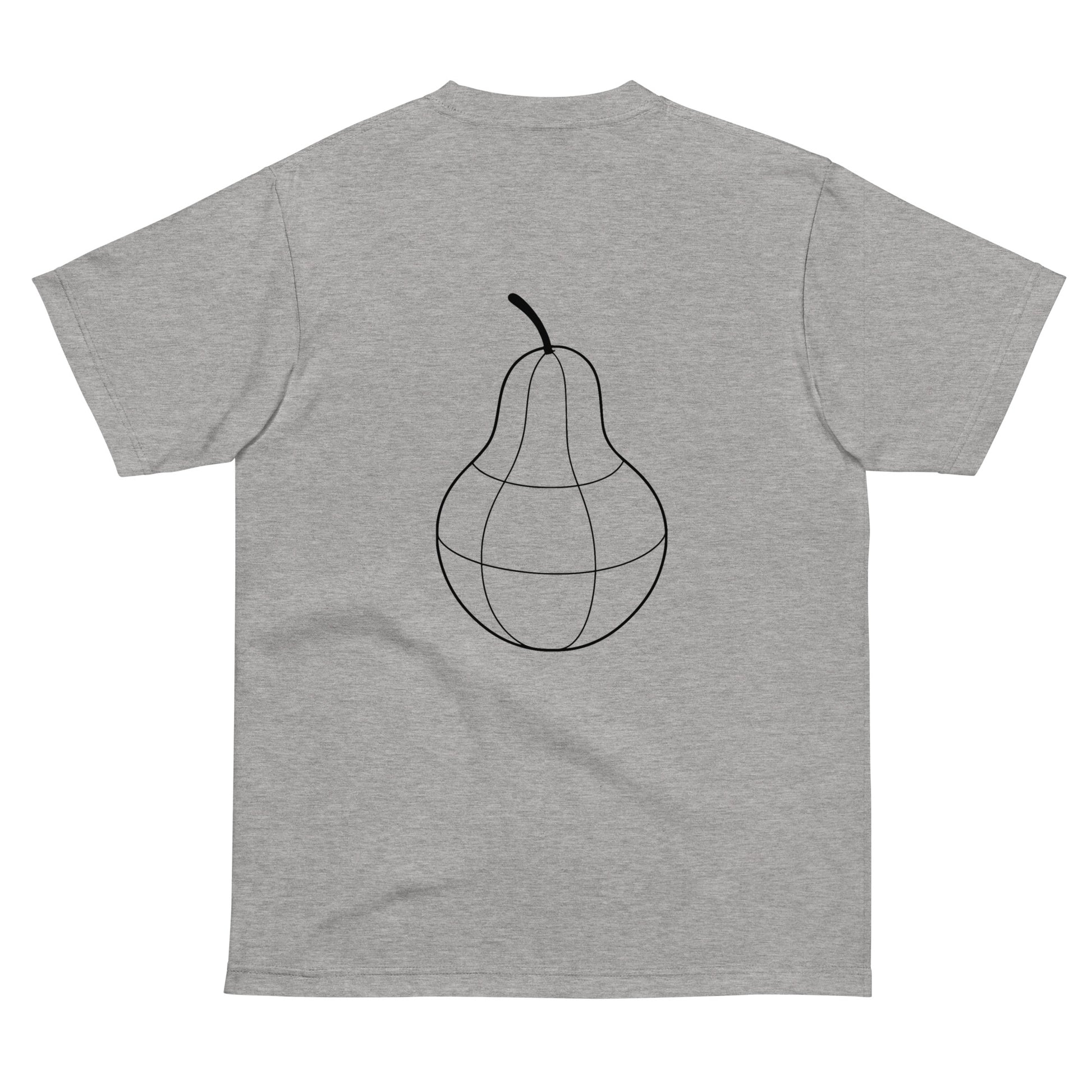 Back view of PearWorld heather gray unisex t-shirt featuring large bold pear logo for standout streetwear appeal