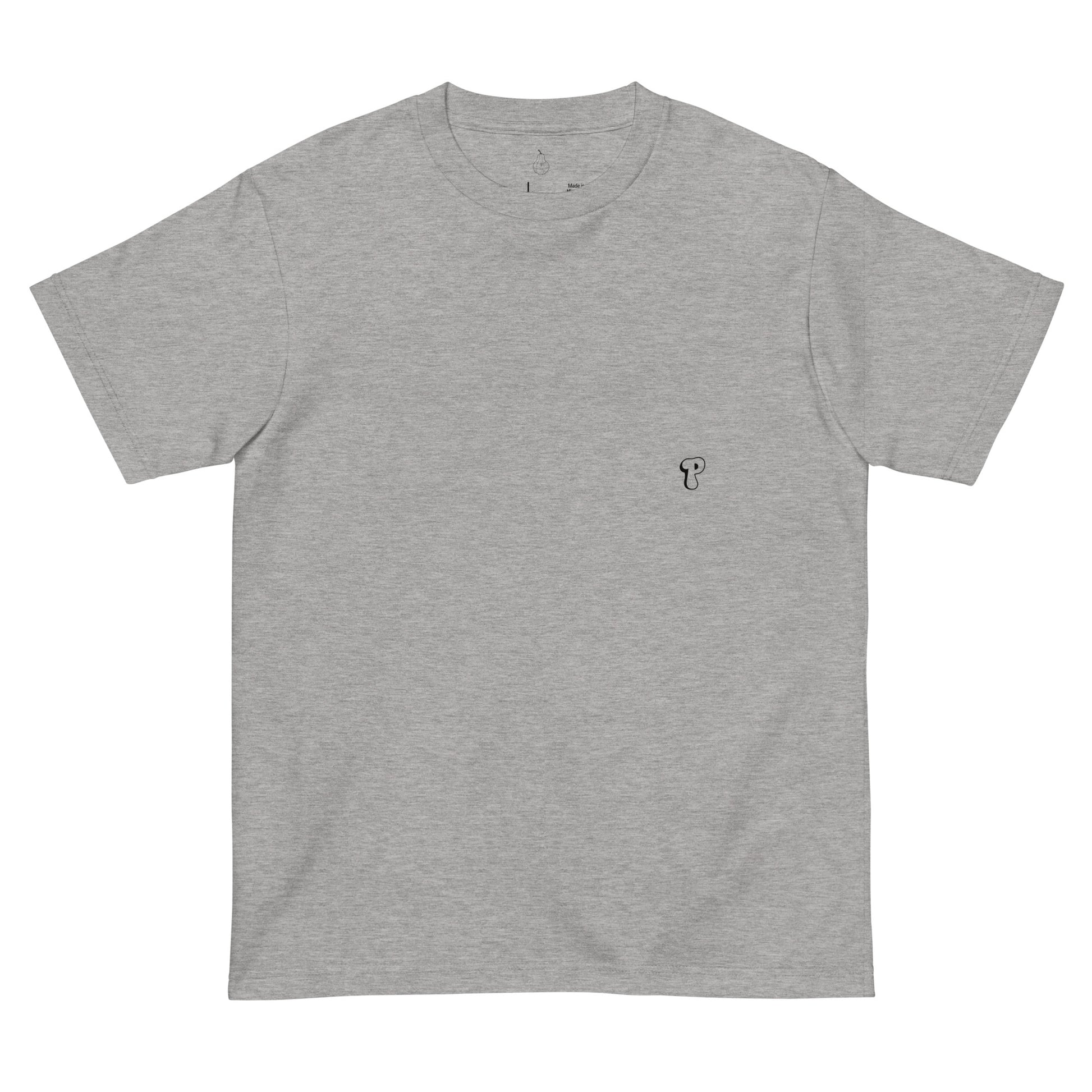 Front view of PearWorld heather gray unisex t-shirt featuring minimal pear logo for clean streetwear look