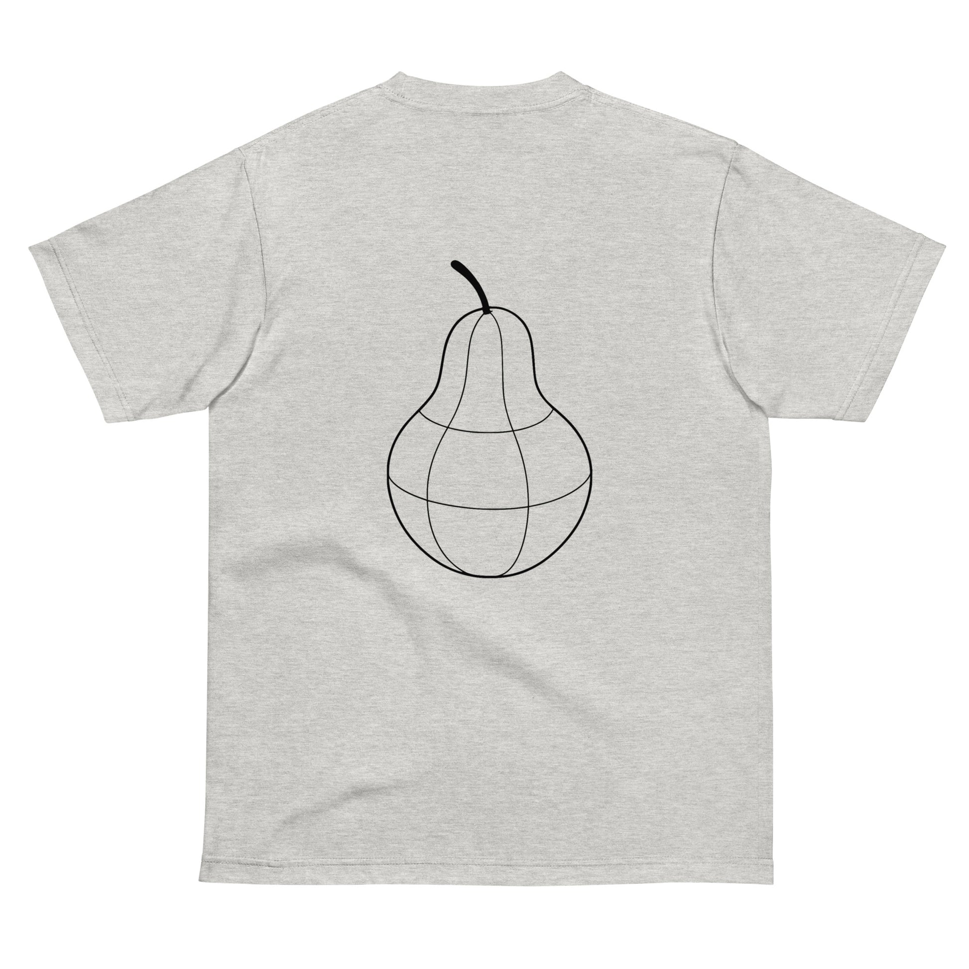 Back view of PearWorld heather oatmeal unisex t-shirt featuring large globe-style pear logo for minimal streetwear look
