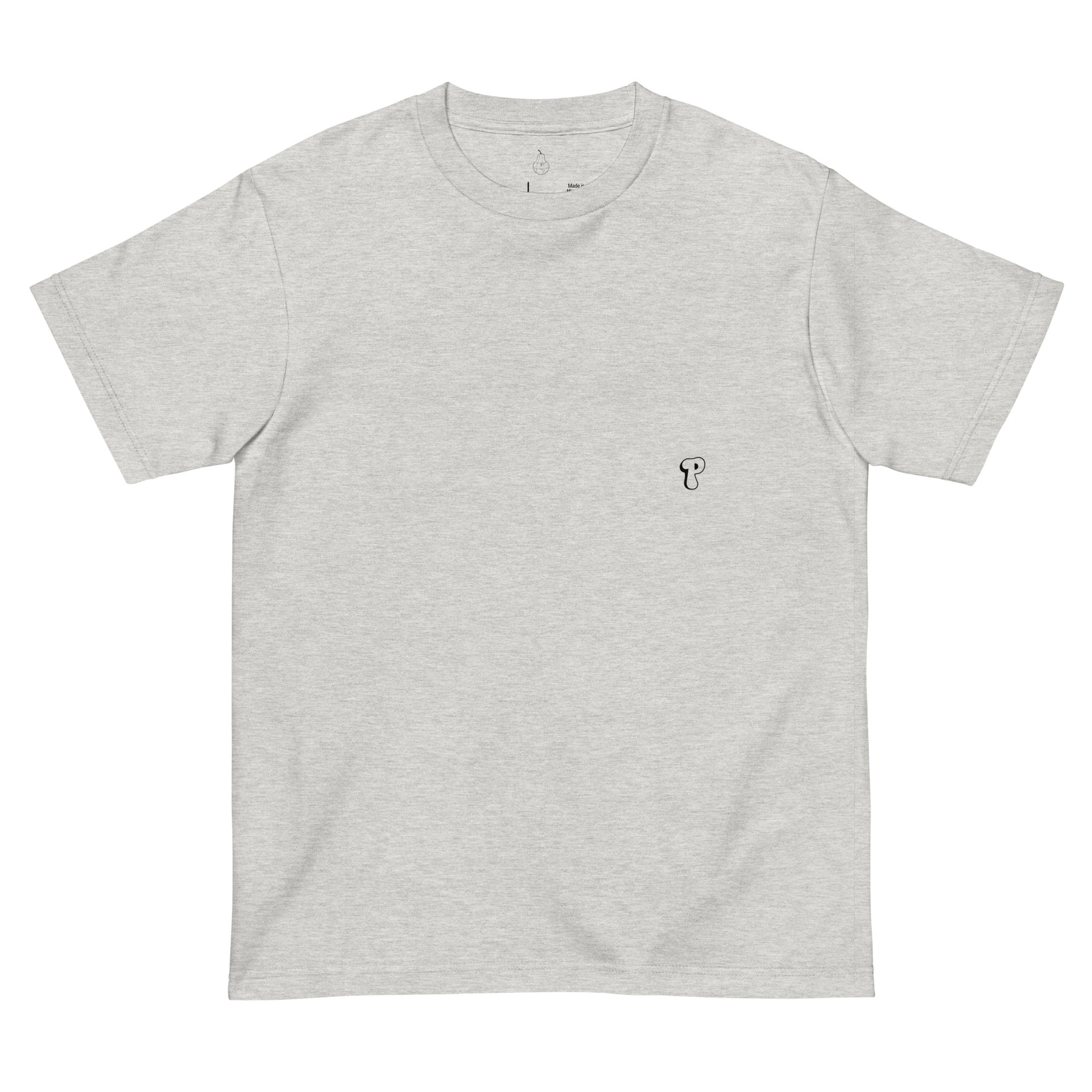 Front view of PearWorld heather oatmeal unisex t-shirt with small pear logo on chest for minimal streetwear style