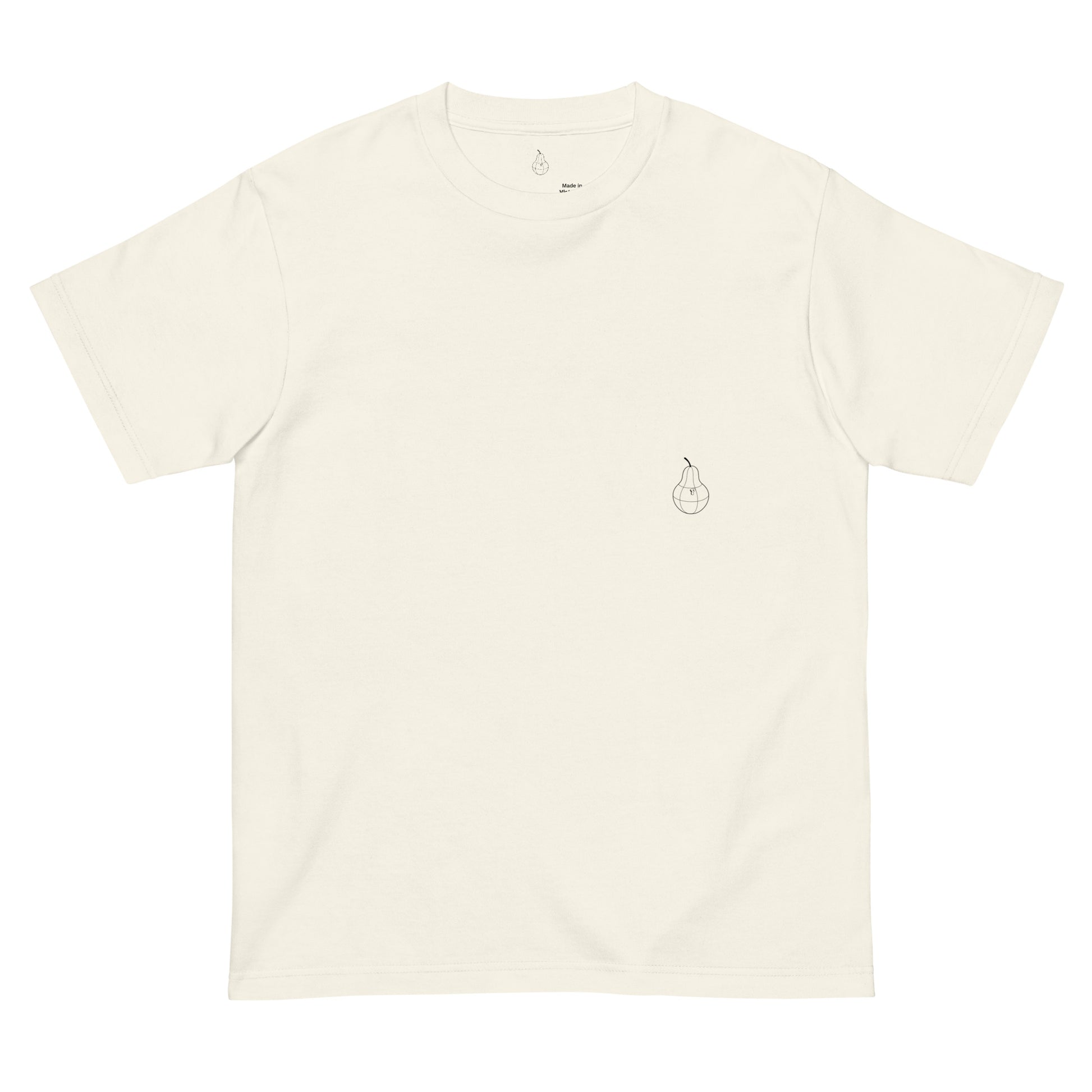 Front view of PearWorld ivory unisex t-shirt featuring minimal pear logo design and clean streetwear style