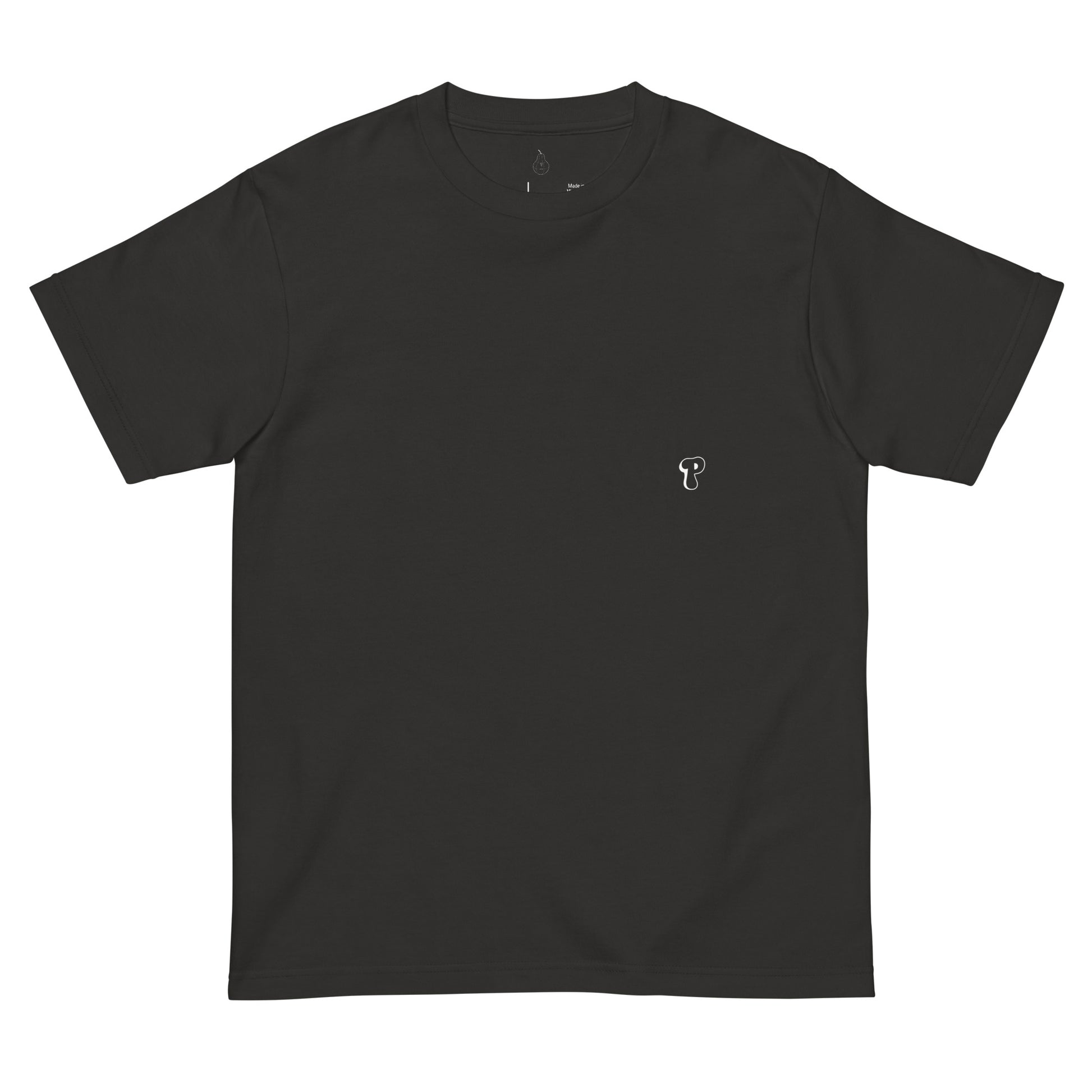 Front view of PearWorld smoke black unisex t-shirt with small pear logo, minimalist streetwear design
