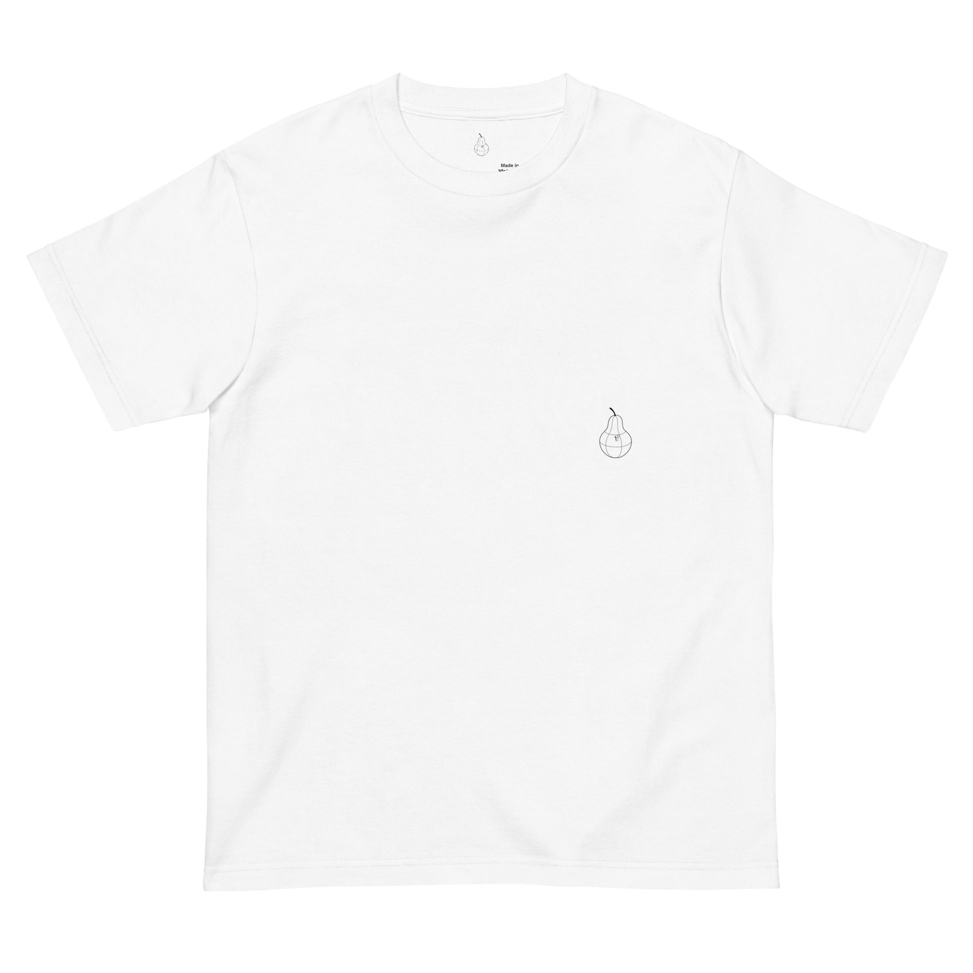 Front view of PearWorld white unisex t-shirt with minimalist pear logo, ideal for casual and streetwear fashion