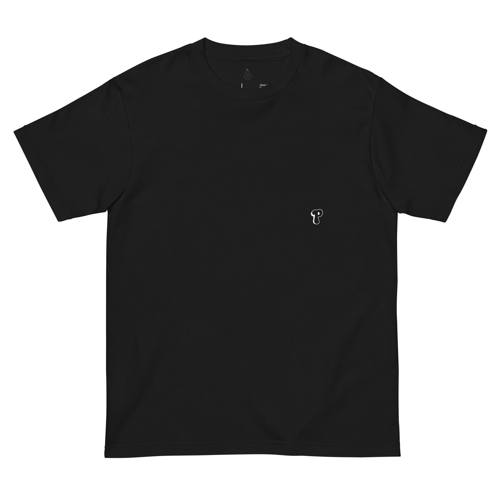Front view of PearWorld black unisex t-shirt featuring small pear logo on chest, minimalist streetwear design