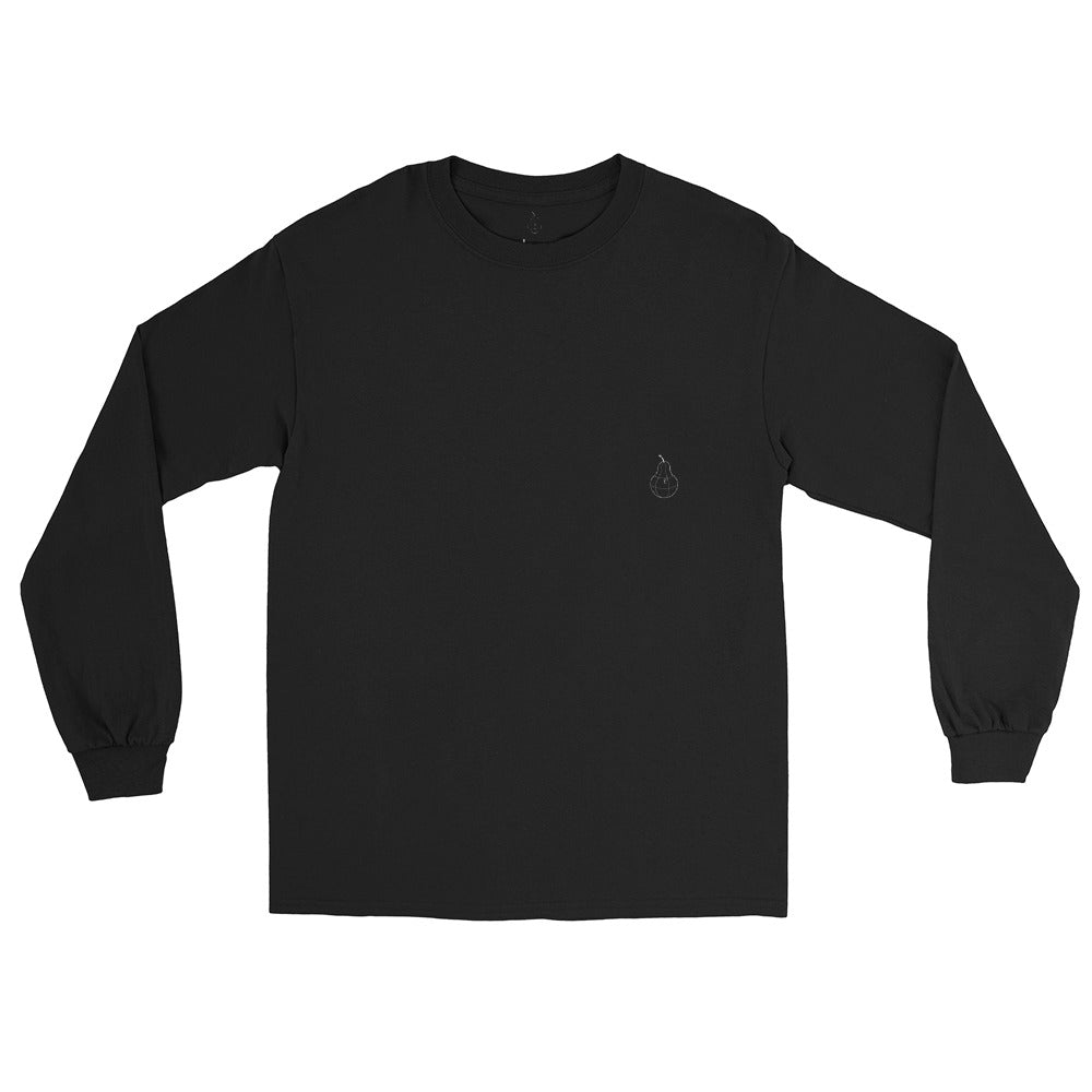 Front view of PearWorld black long sleeve t-shirt with minimalist pear logo, unisex streetwear design