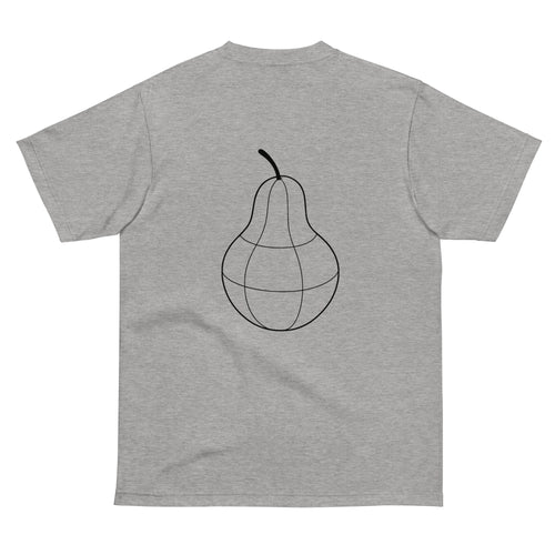 Back view of PearWorld heather gray unisex t-shirt featuring large bold pear logo for standout streetwear appeal