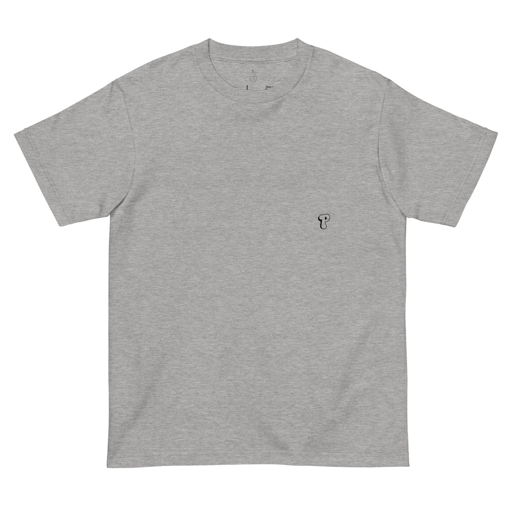 Front view of PearWorld heather gray unisex t-shirt featuring minimal pear logo for clean streetwear look