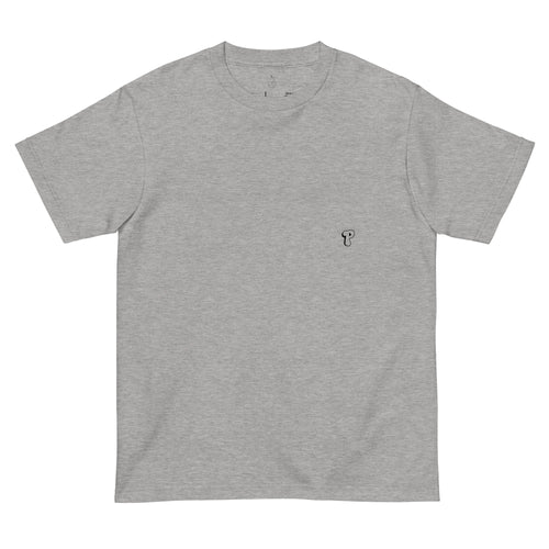 Front view of PearWorld heather gray unisex t-shirt featuring minimal pear logo for clean streetwear look