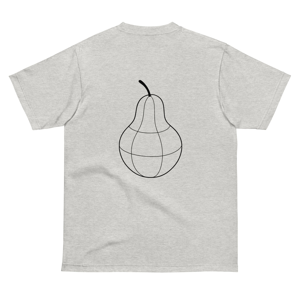 Back view of PearWorld heather oatmeal unisex t-shirt featuring large globe-style pear logo for minimal streetwear look