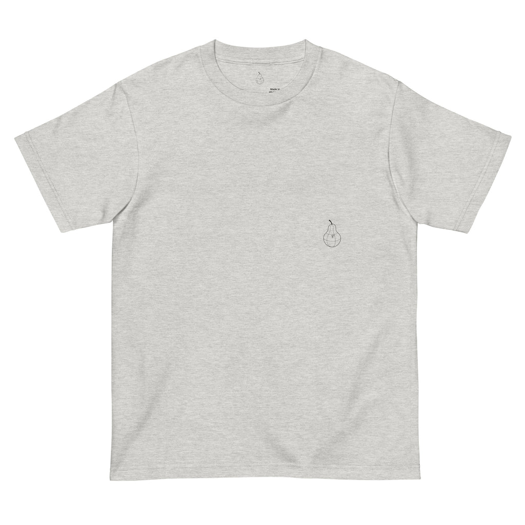Front view of PearWorld minimal logo T-shirt in Heather Oatmeal color on white background. Streetwear design with pear chest logo.