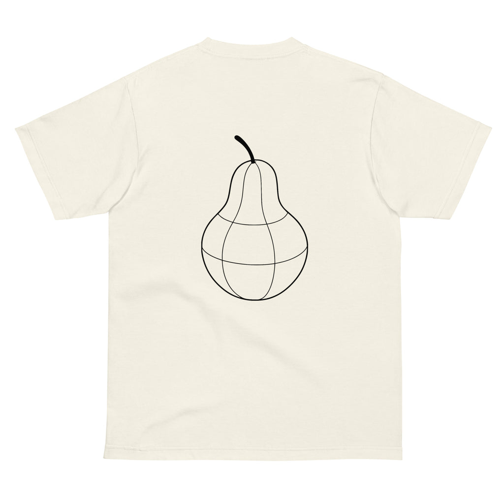 Back view of PearWorld ivory unisex t-shirt with large globe-style pear logo for bold streetwear statement
