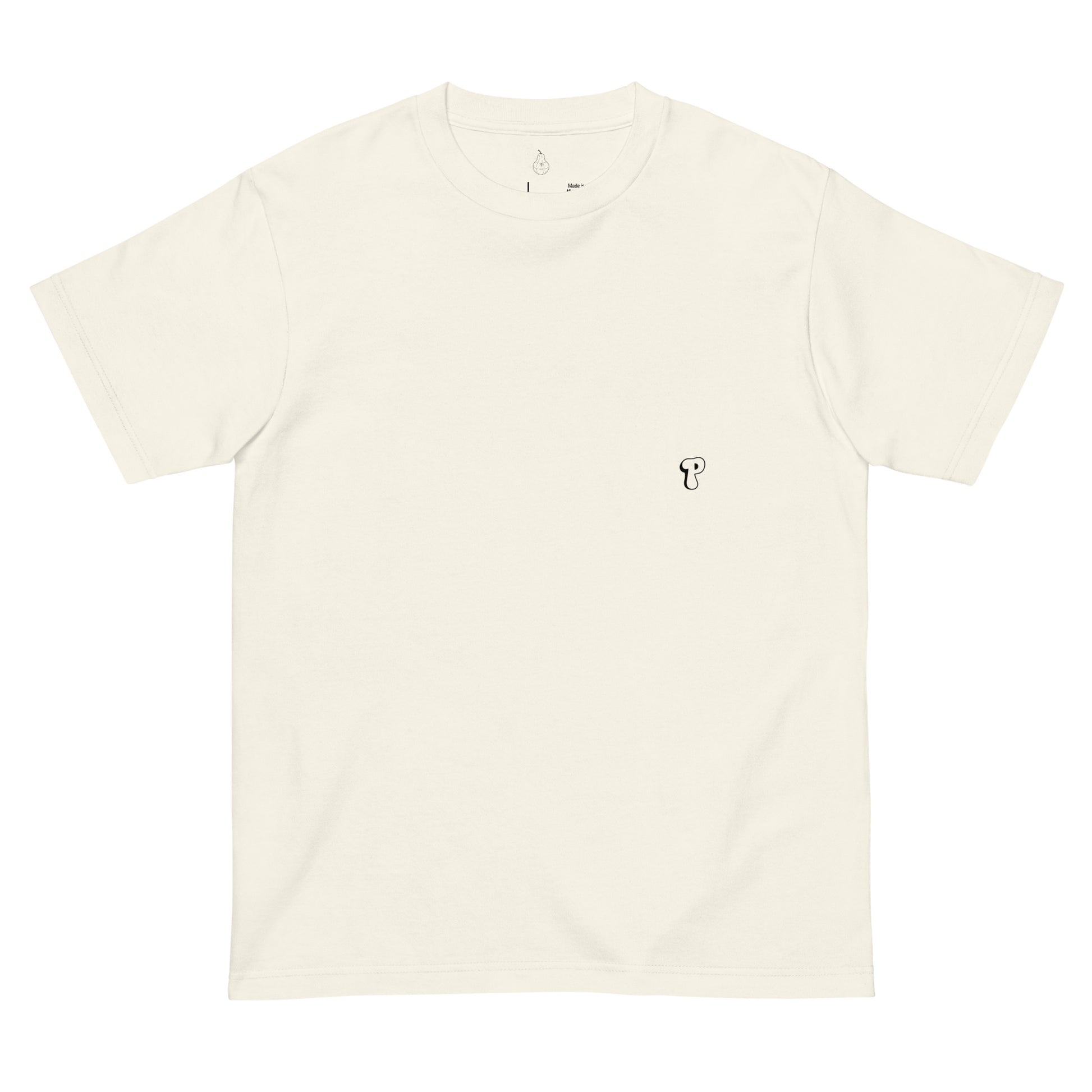 Front view of PearWorld ivory unisex t-shirt with minimalist pear logo on chest for clean streetwear style
