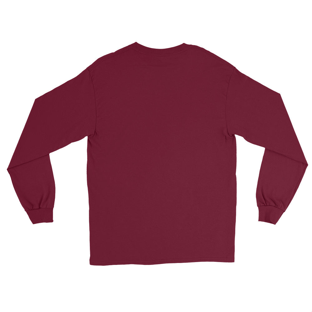 Back view of PearWorld maroon long sleeve t-shirt in minimalist unisex streetwear style