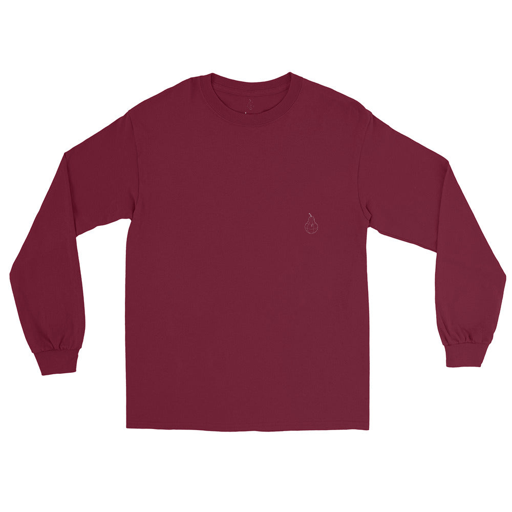 Front view of PearWorld maroon long sleeve t-shirt featuring a subtle pear logo for minimalist unisex streetwear style