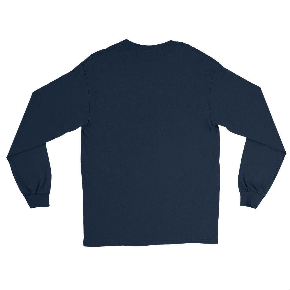Back view of PearWorld navy long sleeve t-shirt, clean unisex streetwear design with no visible print