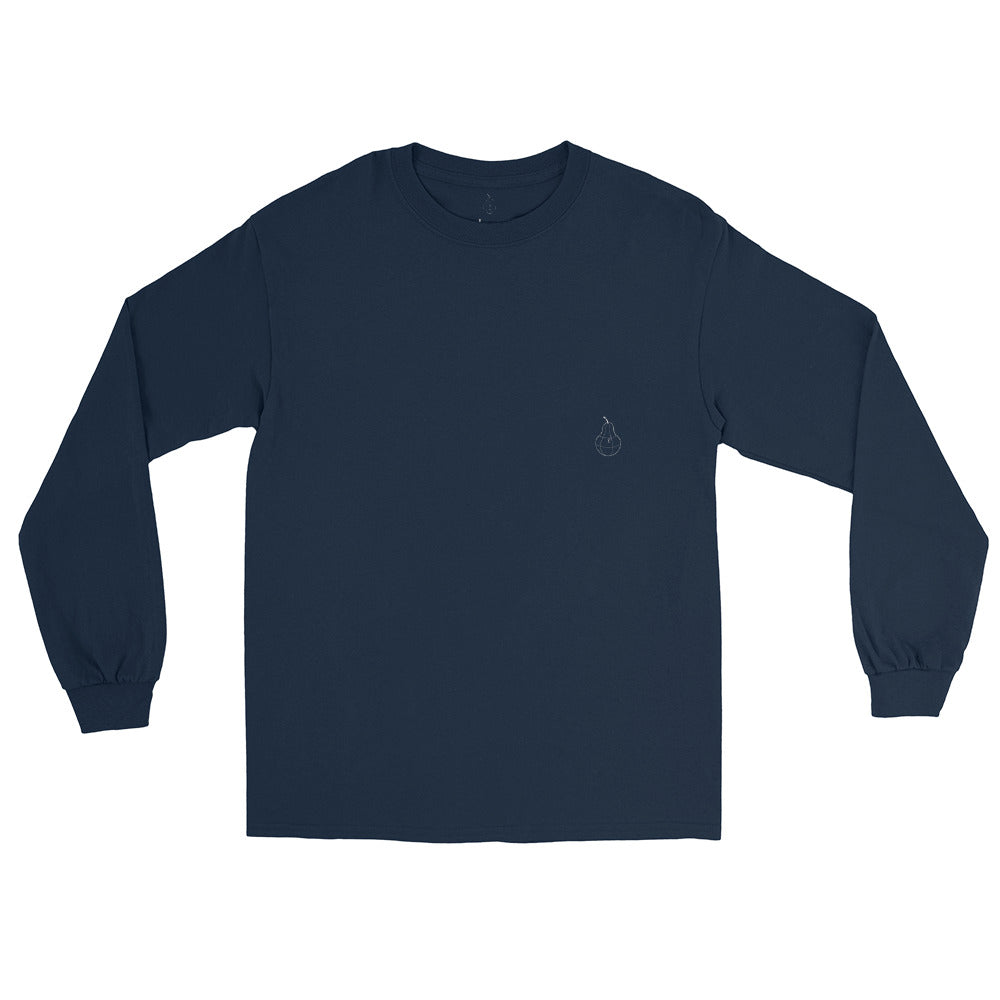 Front view of PearWorld navy long sleeve t-shirt with minimalist pear logo, unisex streetwear style