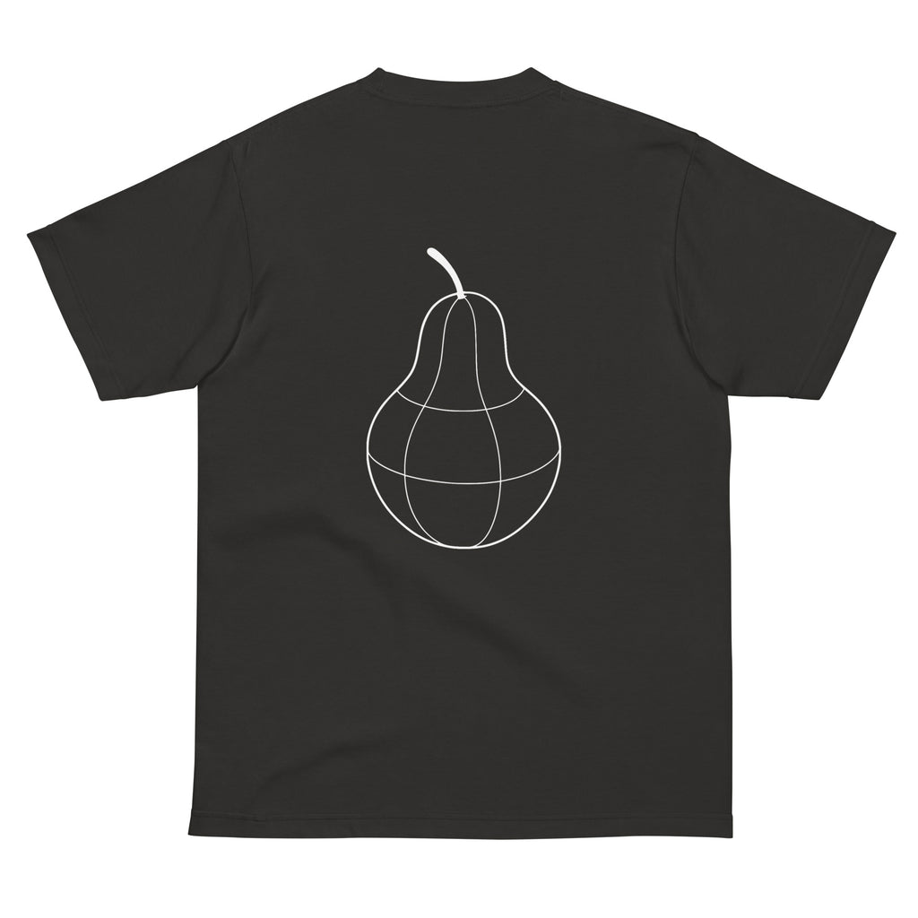 Back view of PearWorld smoke black unisex t-shirt with large pear logo graphic, bold skate-inspired streetwear