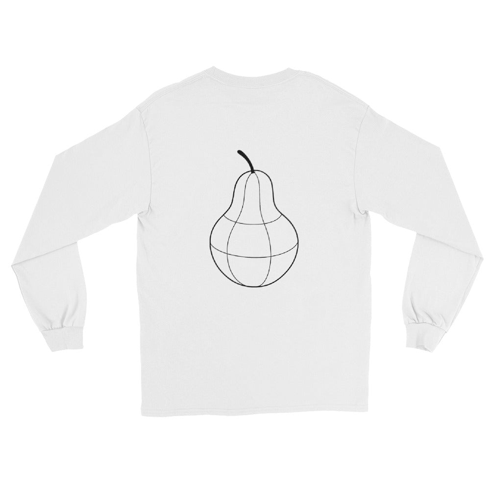 Back view of PearWorld white long sleeve t-shirt with large pear graphic for unisex streetwear