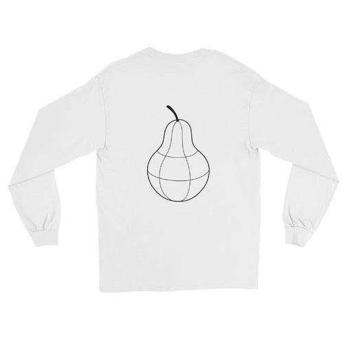 Back view of PearWorld white long sleeve t-shirt with large pear graphic for unisex streetwear