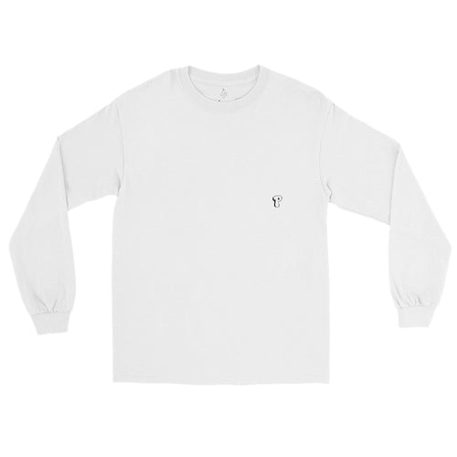 Front view of PearWorld white long sleeve t-shirt with small pear logo for unisex streetwear